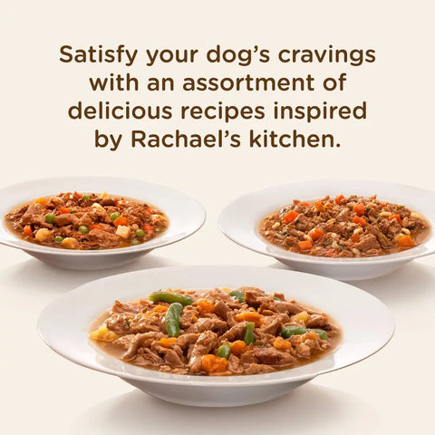Three white bowls filled with textured Rachael Ray Nutrish wet dog food stews showing real meat chunks and vegetables.