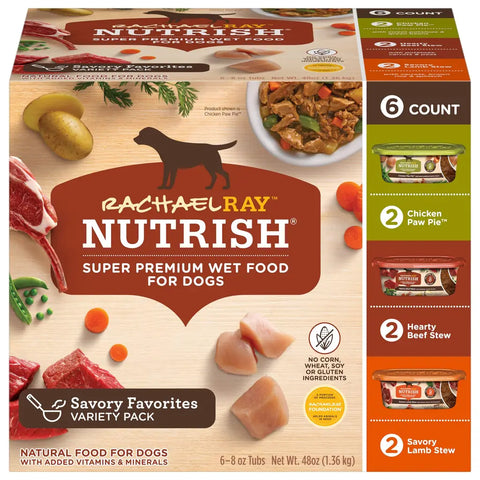 Rachael Ray Nutrish Savory Favorites Variety Pack wet dog food box featuring Chicken Paw Pie, Hearty Beef Stew, and Savory Lamb Stew flavors.