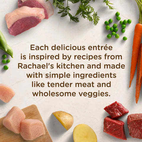 Marketing graphic for Rachael Ray Nutrish wet dog food showing fresh raw chicken, beef chunks, potatoes, carrots, and peas surrounding text about simple ingredients and wholesome stews.