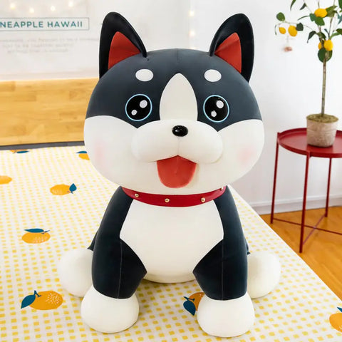 Realistic black and white plush dog toy with a bright red collar for dog lovers