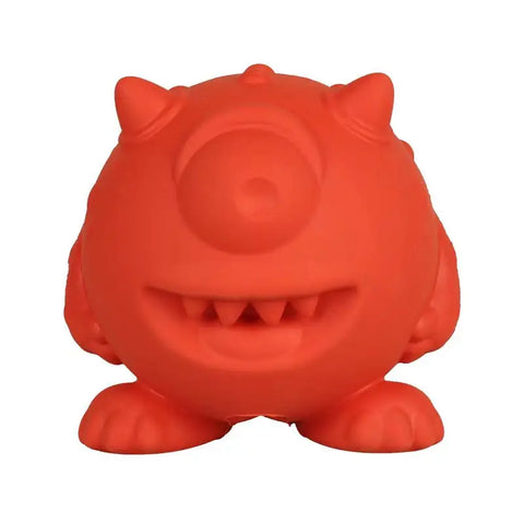 Red monster-shaped dog chew toy on a plain background, made from durable non-toxic rubber, perfect for dental health, teething relief, and playful puppies and adult dogs, PawVortex USA.
