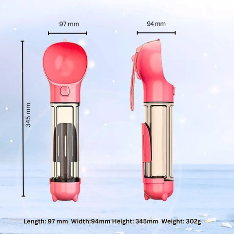 Red portable pet water bottle with 2-in-1 food cup and built-in poop bag dispenser