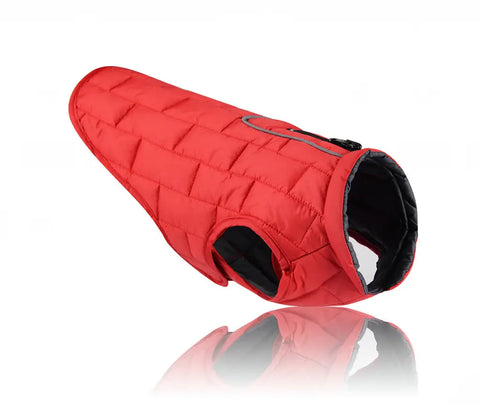 Red quilted dog coat on a white background.