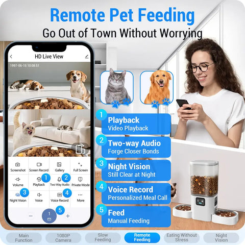 Smartphone app interface for the pet feeder featuring two-way audio, video playback, voice record meal calls, and manual feeding options.