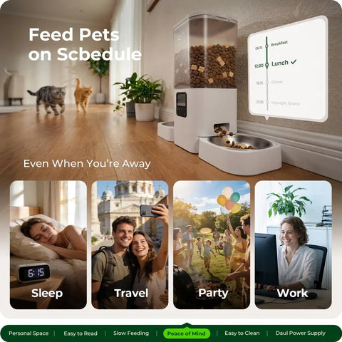 Smartphone showing 1080P HD live view of a cat and dog with app features like two-way audio, voice record, and manual feeding.