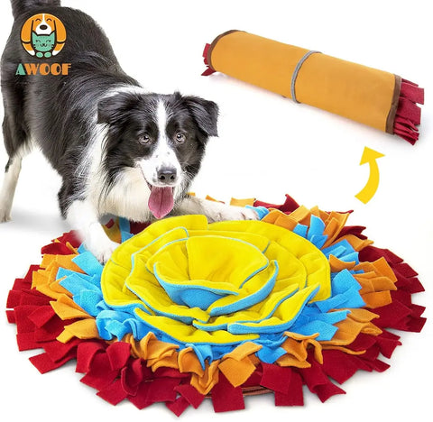 AWOOF colorful roll-up fleece dog snuffle mat with flower center and Border Collie dog.