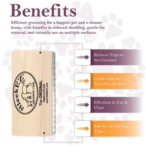 Infographic showing benefits of SleekEZ grooming tool: reduces shedding, pain-free, and safe for all fur types.