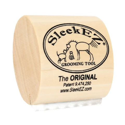 Close-up of the 2.5 inch Small SleekEZ original grooming tool with wooden handle and metal blade.
