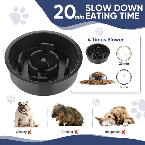 Black slow feeder dog bowl designed to increase eating time and prevent obesity and choking