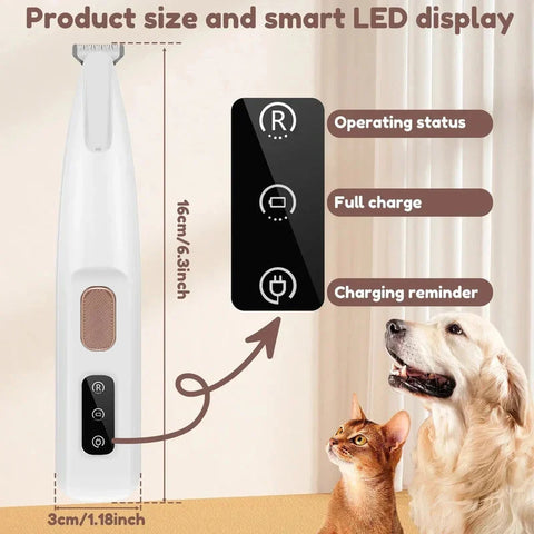 Smart claw trimmer with LED display showing charging status and measurements