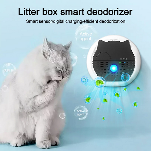 Smart litter box deodorizer with cat on light blue background.
