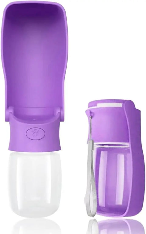 Purple 12 oz Soicta portable dog water bottle shown open and folded