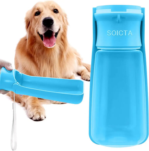 Lake blue 19 oz Soicta portable dog water dispenser held out for a Golden Retriever