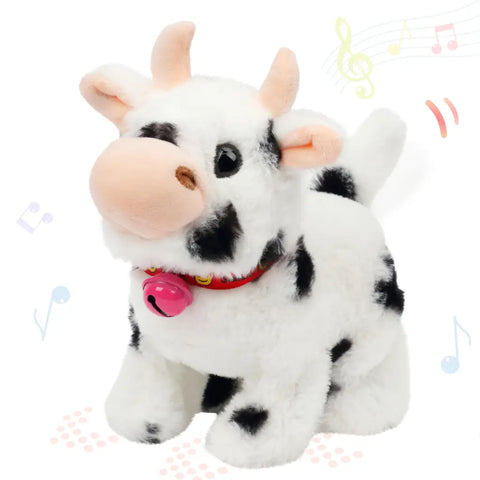 Interactive black and white spotted plush cow electronic toy with a red collar and pink bell