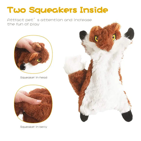 Plush fox dog toy demonstrating dual squeakers located in the head and belly to attract pets and encourage play.