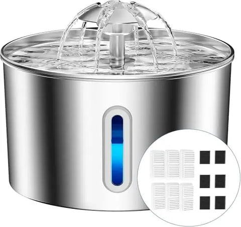 Stainless steel pet water fountain with 6 filter options on a white background