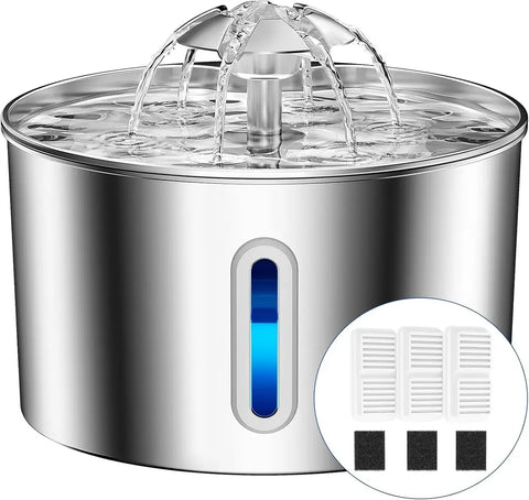 Balimopet stainless steel cat water fountain with three replacement filters and sponges.