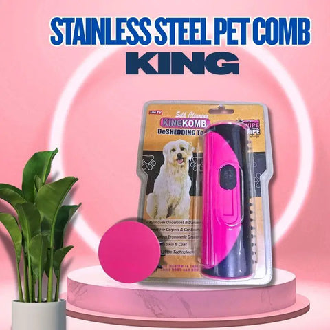 Stainless Steel Pet Comb with 'KING' branding on PawVortex
