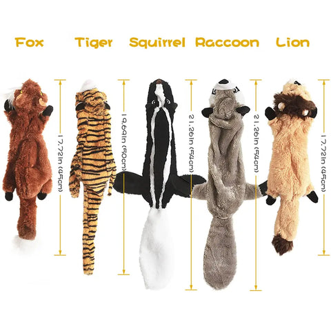 Size dimension chart for plush animal dog toys showing lengths for the fox, tiger, squirrel, raccoon, and lion ranging from 17.72 to 21.26 inches.