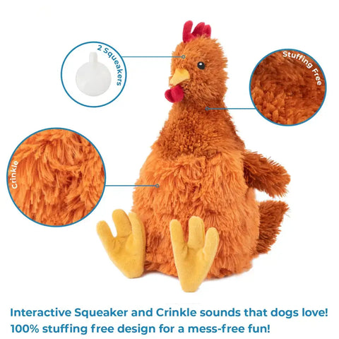 Infographic diagram highlighting the stuffing-free, crinkle fabric, and dual squeakers features of the chicken dog toy
