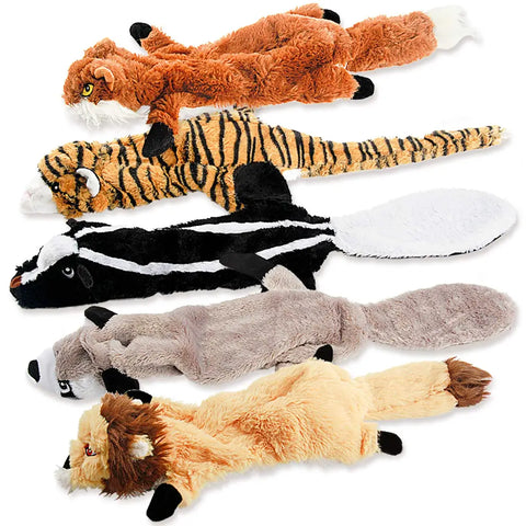 Group of five stuffingless plush squeaky dog toys in fox, tiger, skunk, raccoon, and lion animal designs.