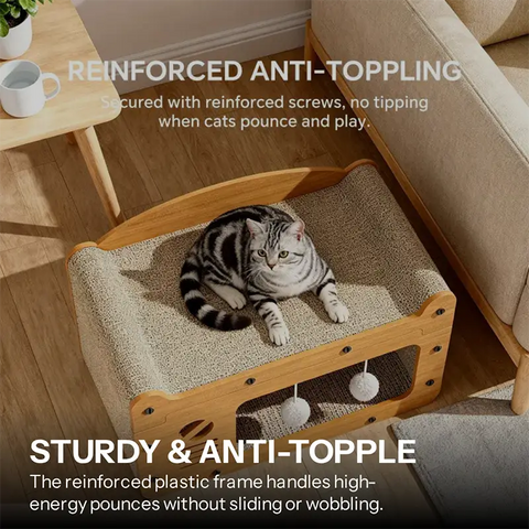 Top-down view of a tabby cat resting on a sturdy, anti-topple cardboard cat scratcher lounge with a reinforced frame.