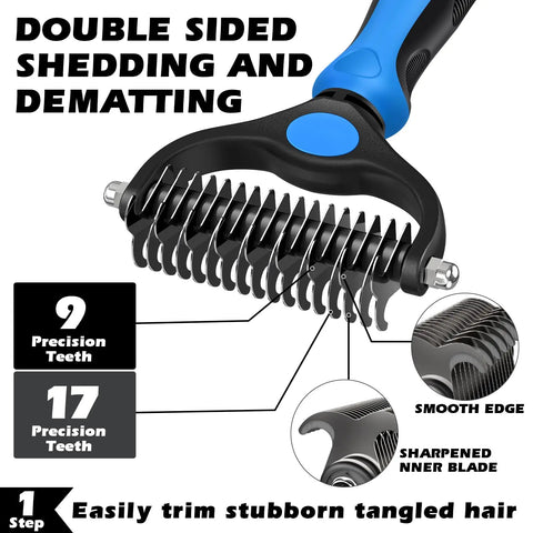 A high-quality product hero shot of the SWIHAUK brand blue and black pet grooming brush on a white background.