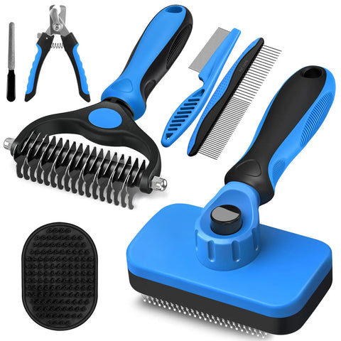 professional blue and black SWIHAUK pet grooming brush featuring a comfortable non-slip handle and retractable bristles.
