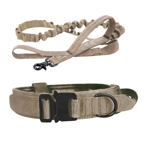 Tan dog collar and leash set on white background for daily walks and outdoor adventures