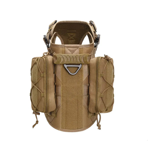 Tan tactical backpack with MOLLE-compatible attachment and hydration reservoir sleeve
