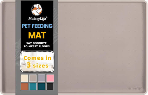 Taupe waterproof silicone pet food tray and floor protector by MateeyLife.