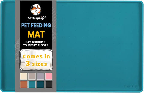 Teal pet placemat for food and water bowls with a spill-proof design.