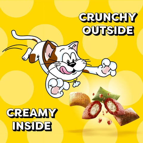 Illustration of a cat chasing Temptations treats highlighting the crunchy outside and creamy inside texture.