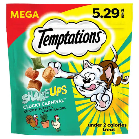 Temptations ShakeUps Clucky Carnival Mega pouch 5.29oz with chicken, turkey, and catnip flavors.
