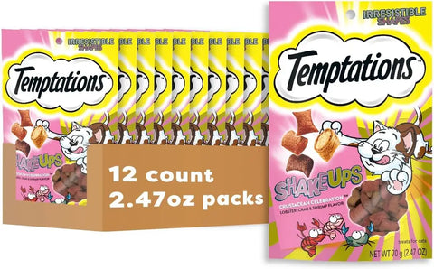 Temptations ShakeUps Crustacean Celebration cat treats, 12 count of 2.47oz packs featuring lobster, crab, and shrimp flavors.