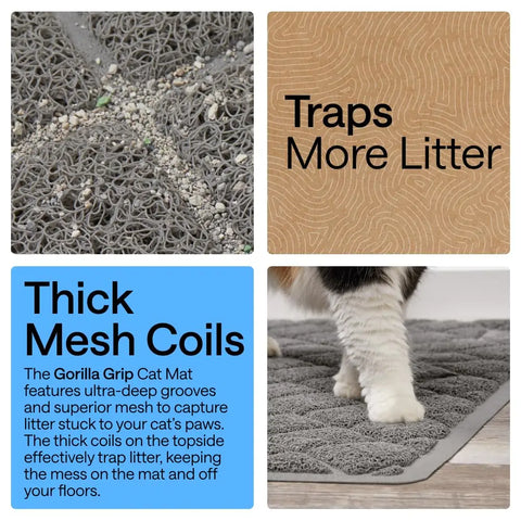 Four-panel visual breakdown of Gorilla Grip thick mesh coils trapping litter scatter from cat paws
