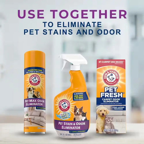 Three Arm & Hammer pet care products for odor removal system.