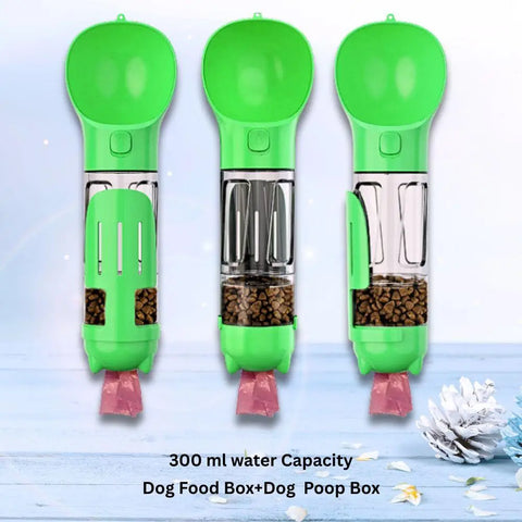Three green pet products including feeding bottle and waste collection bags
