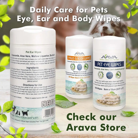Three PawVortex pet care wipe containers with dog in background.