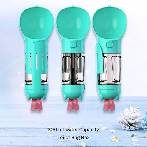 Three turquoise pet water bottles with integrated pink poop bag dispensers