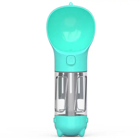 Turquoise all-in-one travel water bottle for pets with clear container