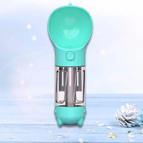 Turquoise pet water bottle with built-in pink poop bag dispenser