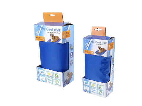 Two blue pet cooling mats with packaging on white background.