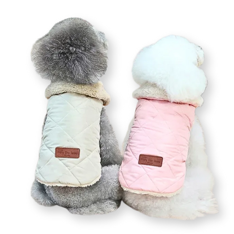 Two dog coats, one gray and one pink, on a white background