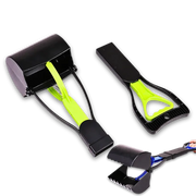 Two pet poop scoopers with bright green handles on a white background