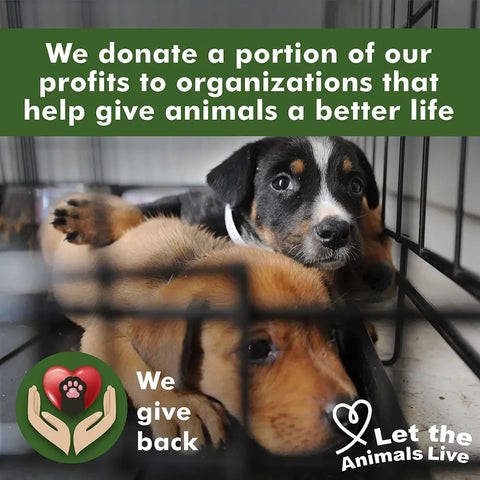 Two puppies in a cage with text about profit donations to animal organizations.
