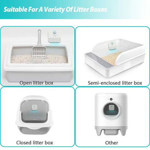 Universal litter box health monitor system on light blue background.