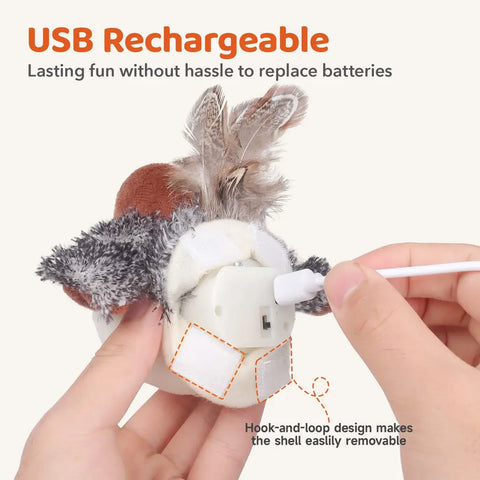 USB rechargeable mechanism and hook-and-loop closure for sparrow cat toy