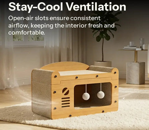 Wooden cat condo box showing stay-cool ventilation slots and dangling pom-pom teaser toys.