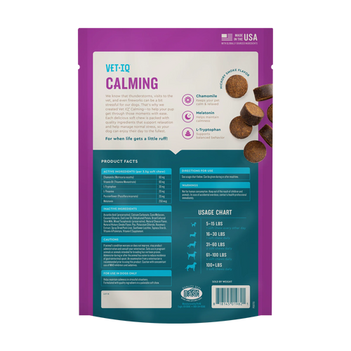 VetIQ Calming product packaging with text and images.